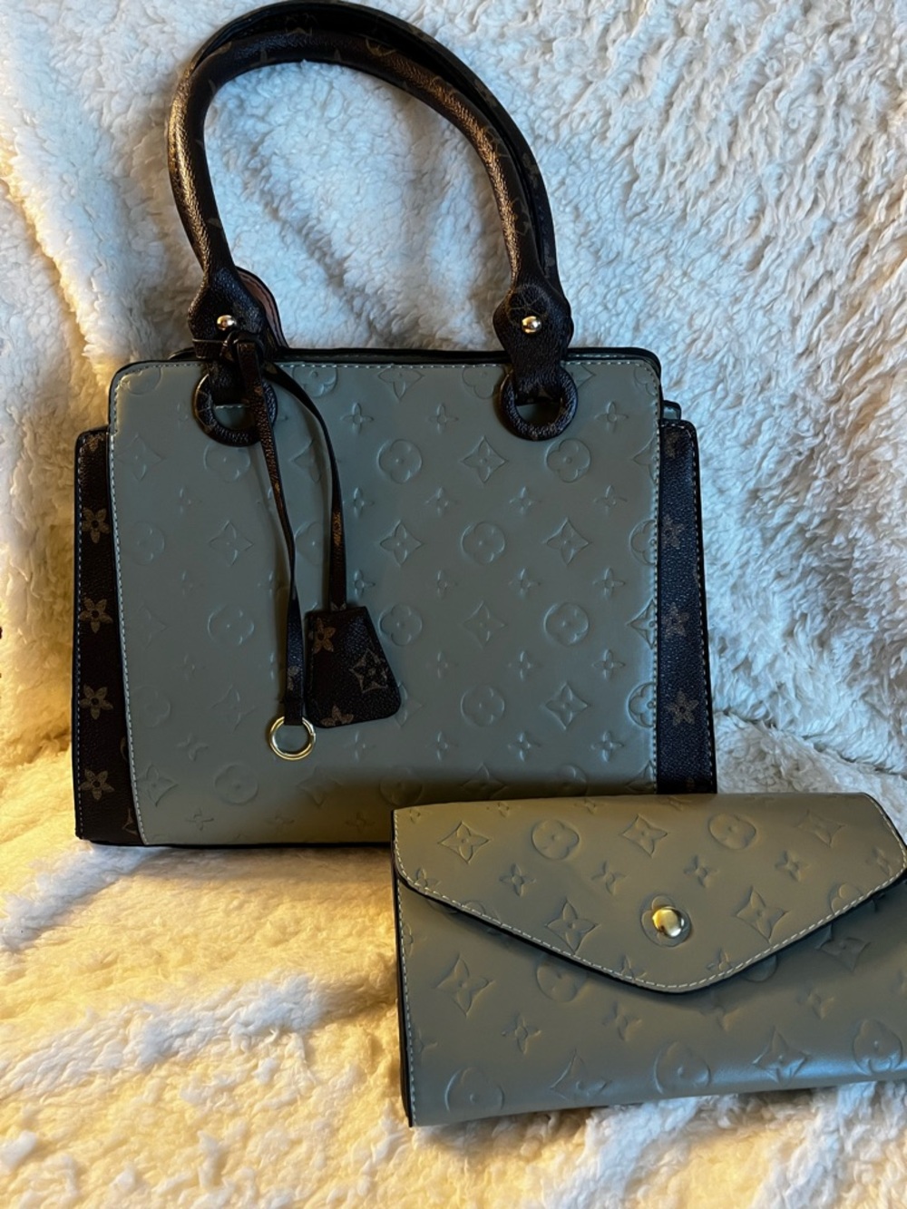 Gray/green Embossed Satchel with Matching Wallet